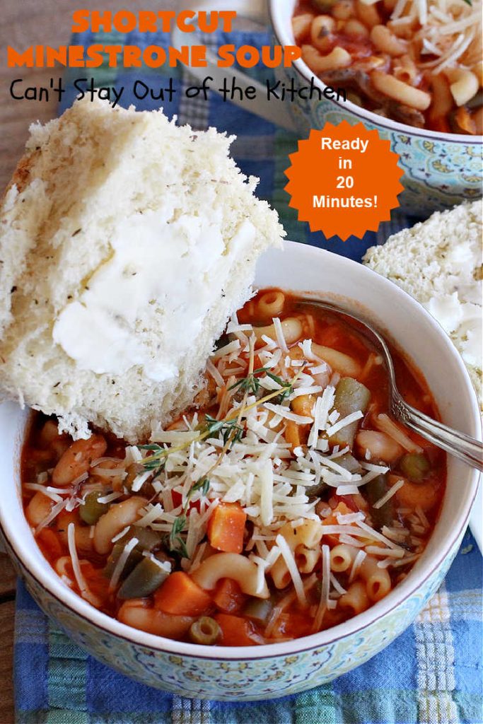 Shortcut Minestrone Soup | Can't Stay Out of the Kitchen | this easy #meatless #soup #recipe can be whipped up in about 20 minutes. It's perfect for weeknight dinners when you need something ready really quickly. It's also wonderful for cold, winter nights when you want some hot food to invigorate you! #Minestrone #pasta #cannellini #ShortcutMinestroneSoup