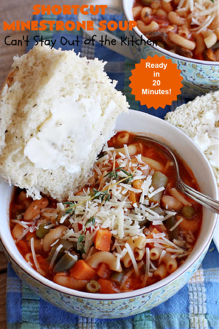 Shortcut Minestrone Soup | Can't Stay Out of the Kitchen | this easy #meatless #soup #recipe can be whipped up in about 20 minutes. It's perfect for weeknight dinners when you need something ready really quickly. It's also wonderful for cold, winter nights when you want some hot food to invigorate you! #Minestrone #pasta #cannellini #ShortcutMinestroneSoup