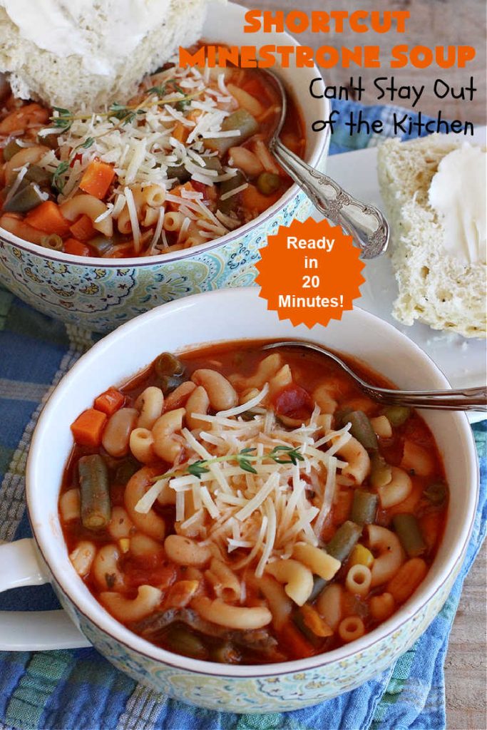 Shortcut Minestrone Soup | Can't Stay Out of the Kitchen | this easy #meatless #soup #recipe can be whipped up in about 20 minutes. It's perfect for weeknight dinners when you need something ready really quickly. It's also wonderful for cold, winter nights when you want some hot food to invigorate you! #Minestrone #pasta #cannellini #ShortcutMinestroneSoup