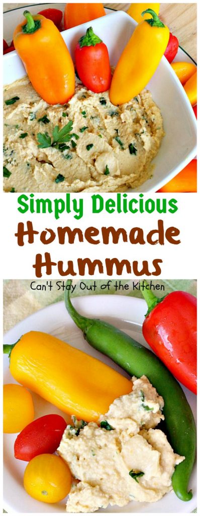 Simply Delicious Homemade Hummus | Can't Stay Out of the Kitchen | delicious #hummus recipe that's healthy, low calorie, #vegan & #glutenfree. Great #appetizer for #tailgating parties, too.
