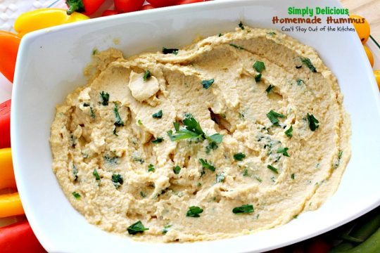 Simply Delicious Homemade Hummus | Can't Stay Out of the Kitchen | delicious #hummus recipe that's healthy, low calorie, #vegan & #glutenfree. Great #appetizer for #tailgating parties, too.