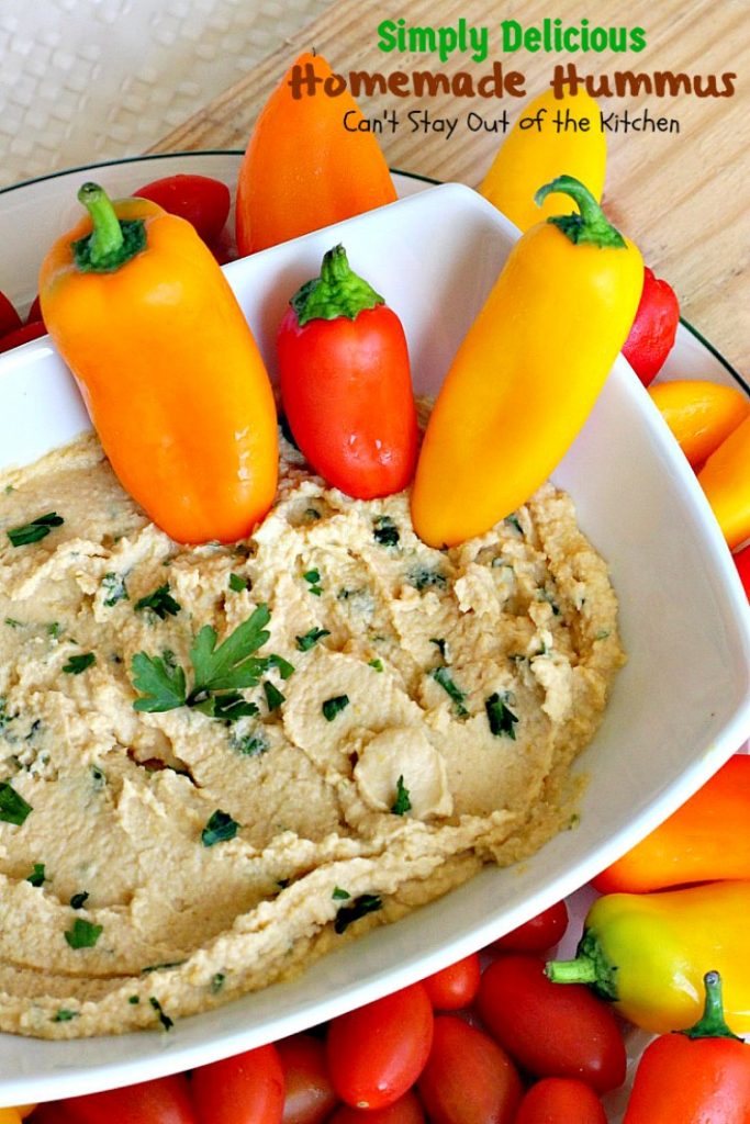 Simply Delicious Homemade Hummus | Can't Stay Out of the Kitchen | delicious #hummus recipe that's healthy, low calorie, #vegan & #glutenfree. Great #appetizer for #tailgating parties, too.