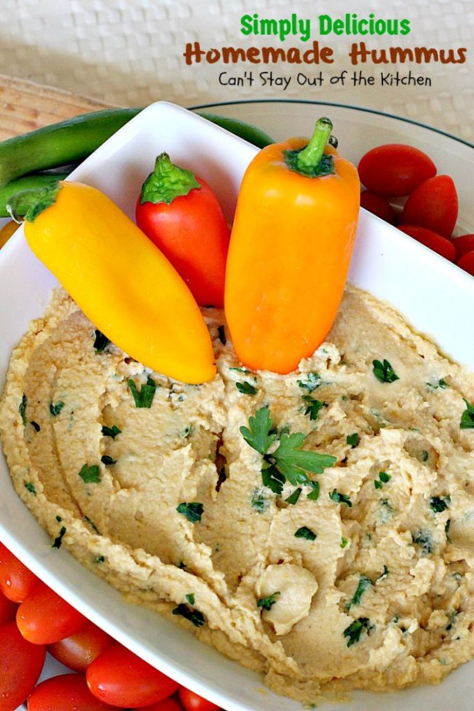 Simply Delicious Homemade Hummus | Can't Stay Out of the Kitchen | delicious #hummus recipe that's healthy, low calorie, #vegan & #glutenfree. Great #appetizer for #tailgating parties, too.