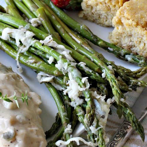 Skinny Roasted Asparagus | Can't Stay Out of the Kitchen | Wow this 6-ingredient #recipe is something special! #Asparagus made this way is heavenly. It uses a 6-cheese blend that's fantastic. Terrific for company or #holiday dinners. #Healthy, #LowCalorie & #GlutenFree. #ItalianCheeseBlend #SkinnyRoastedAsparagus #HolidaySideDish #MothersDay #FathersDay