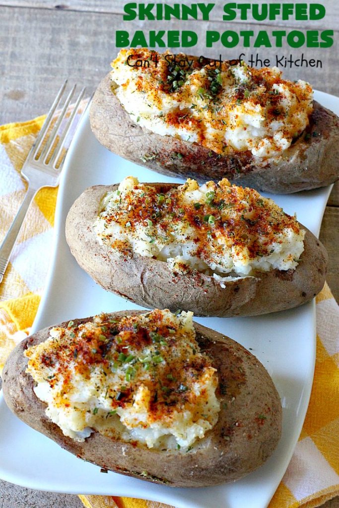 Skinny Stuffed Baked Potatoes | Can't Stay Out of the Kitchen | this skinny version of #BakedPotatoes is absolutely wonderful. The seasonings give the #potatoes so much flavor instead of all the calories with cheese or bacon. Terrific side dish for any entree. Also great for company or #holiday dinners. #Healthy #LowCalorie #GlutenFree  #CleanEating #StuffedBakedPotatoes #HolidayDinner #SkinnyStuffedBakedPotatoes #Thanksgiving