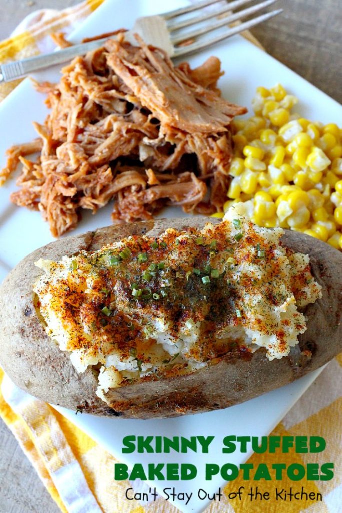 Skinny Stuffed Baked Potatoes | Can't Stay Out of the Kitchen | this skinny version of #BakedPotatoes is absolutely wonderful. The seasonings give the #potatoes so much flavor instead of all the calories with cheese or bacon. Terrific side dish for any entree. Also great for company or #holiday dinners. #Healthy #LowCalorie #GlutenFree  #CleanEating #StuffedBakedPotatoes #HolidayDinner #SkinnyStuffedBakedPotatoes #Thanksgiving