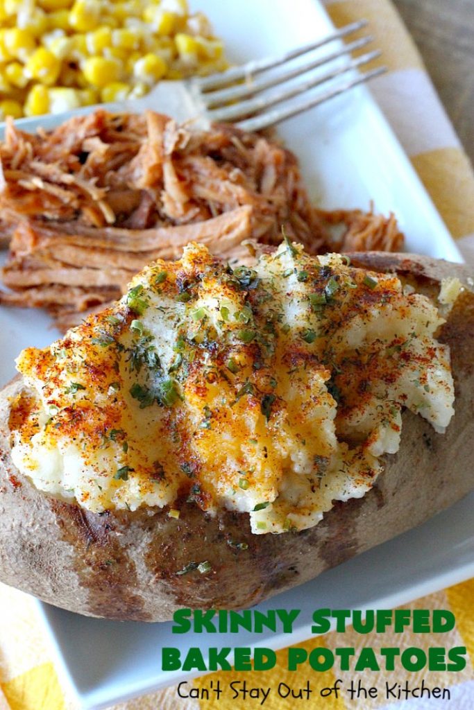 Skinny Stuffed Baked Potatoes | Can't Stay Out of the Kitchen | this skinny version of #BakedPotatoes is absolutely wonderful. The seasonings give the #potatoes so much flavor instead of all the calories with cheese or bacon. Terrific side dish for any entree. Also great for company or #holiday dinners. #Healthy #LowCalorie #GlutenFree  #CleanEating #StuffedBakedPotatoes #HolidayDinner #SkinnyStuffedBakedPotatoes #Thanksgiving