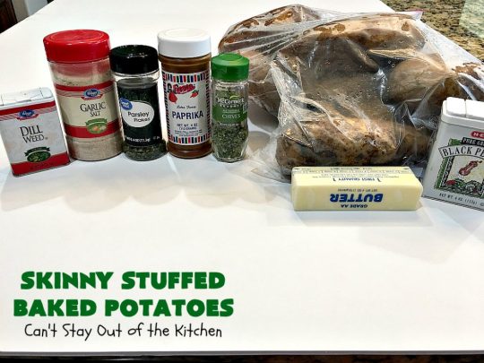 Skinny Stuffed Baked Potatoes | Can't Stay Out of the Kitchen | this skinny version of #BakedPotatoes is absolutely wonderful. The seasonings give the #potatoes so much flavor instead of all the calories with cheese or bacon. Terrific side dish for any entree. Also great for company or #holiday dinners. #Healthy #LowCalorie #GlutenFree  #CleanEating #StuffedBakedPotatoes #HolidayDinner #SkinnyStuffedBakedPotatoes #Thanksgiving