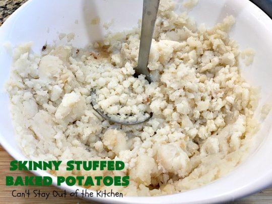 Skinny Stuffed Baked Potatoes | Can't Stay Out of the Kitchen | this skinny version of #BakedPotatoes is absolutely wonderful. The seasonings give the #potatoes so much flavor instead of all the calories with cheese or bacon. Terrific side dish for any entree. Also great for company or #holiday dinners. #Healthy #LowCalorie #GlutenFree  #CleanEating #StuffedBakedPotatoes #HolidayDinner #SkinnyStuffedBakedPotatoes #Thanksgiving