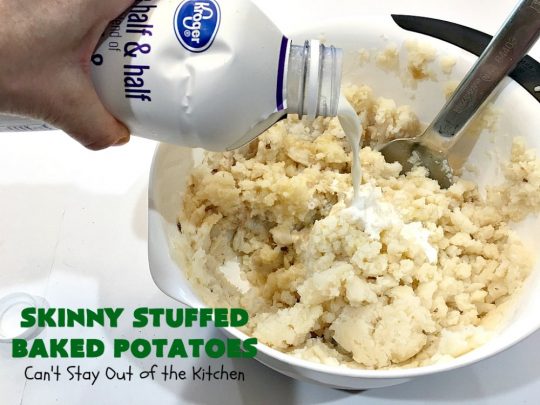 Skinny Stuffed Baked Potatoes | Can't Stay Out of the Kitchen | this skinny version of #BakedPotatoes is absolutely wonderful. The seasonings give the #potatoes so much flavor instead of all the calories with cheese or bacon. Terrific side dish for any entree. Also great for company or #holiday dinners. #Healthy #LowCalorie #GlutenFree  #CleanEating #StuffedBakedPotatoes #HolidayDinner #SkinnyStuffedBakedPotatoes #Thanksgiving