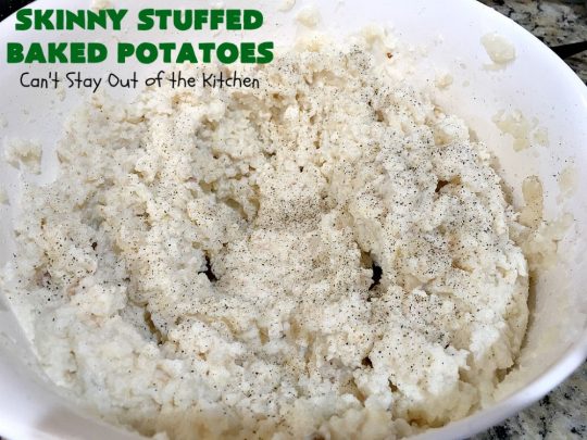 Skinny Stuffed Baked Potatoes | Can't Stay Out of the Kitchen | this skinny version of #BakedPotatoes is absolutely wonderful. The seasonings give the #potatoes so much flavor instead of all the calories with cheese or bacon. Terrific side dish for any entree. Also great for company or #holiday dinners. #Healthy #LowCalorie #GlutenFree  #CleanEating #StuffedBakedPotatoes #HolidayDinner #SkinnyStuffedBakedPotatoes #Thanksgiving