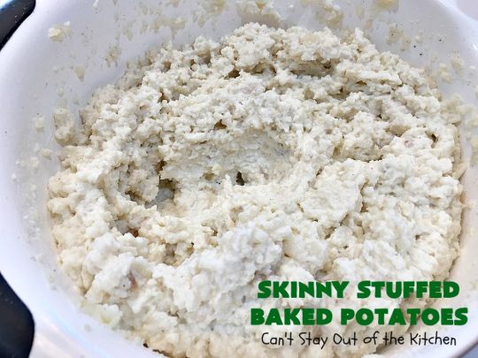 Skinny Stuffed Baked Potatoes | Can't Stay Out of the Kitchen | this skinny version of #BakedPotatoes is absolutely wonderful. The seasonings give the #potatoes so much flavor instead of all the calories with cheese or bacon. Terrific side dish for any entree. Also great for company or #holiday dinners. #Healthy #LowCalorie #GlutenFree  #CleanEating #StuffedBakedPotatoes #HolidayDinner #SkinnyStuffedBakedPotatoes #Thanksgiving