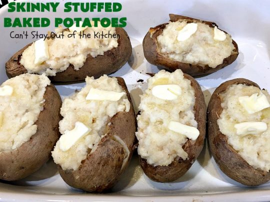 Skinny Stuffed Baked Potatoes | Can't Stay Out of the Kitchen | this skinny version of #BakedPotatoes is absolutely wonderful. The seasonings give the #potatoes so much flavor instead of all the calories with cheese or bacon. Terrific side dish for any entree. Also great for company or #holiday dinners. #Healthy #LowCalorie #GlutenFree  #CleanEating #StuffedBakedPotatoes #HolidayDinner #SkinnyStuffedBakedPotatoes #Thanksgiving