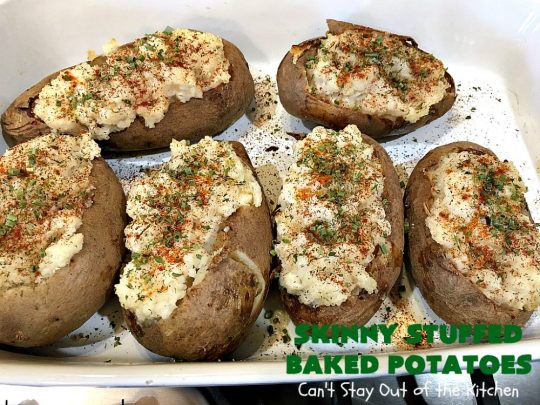 Skinny Stuffed Baked Potatoes | Can't Stay Out of the Kitchen | this skinny version of #BakedPotatoes is absolutely wonderful. The seasonings give the #potatoes so much flavor instead of all the calories with cheese or bacon. Terrific side dish for any entree. Also great for company or #holiday dinners. #Healthy #LowCalorie #GlutenFree  #CleanEating #StuffedBakedPotatoes #HolidayDinner #SkinnyStuffedBakedPotatoes #Thanksgiving