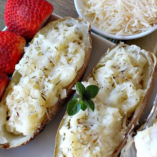 Skinny Stuffed Parmesan Potatoes | This easy #potato #recipe is a terrific way to enjoy #BakedPotatoes without all the calories. Only 150 calories per serving! Perfect #SideDish for #holidays like #FathersDay or special occasion meals with company. #ParmesanCheese #SkinnyStuffedParmesanPotatoes #GlutenFree