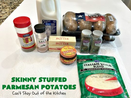 Skinny Stuffed Parmesan Potatoes | This easy #potato #recipe is a terrific way to enjoy #BakedPotatoes without all the calories. Only 150 calories per serving! Perfect #SideDish for #holidays like #FathersDay or special occasion meals with company. #ParmesanCheese #SkinnyStuffedParmesanPotatoes #GlutenFree