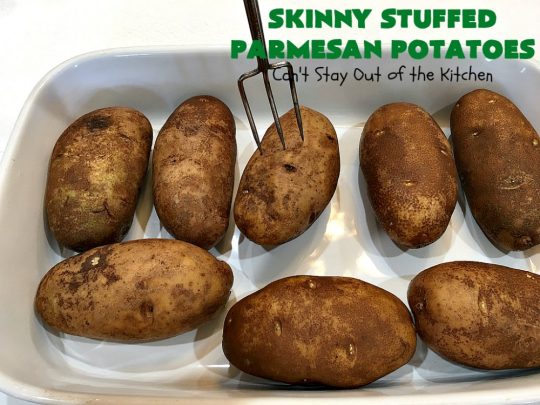 Skinny Stuffed Parmesan Potatoes | This easy #potato #recipe is a terrific way to enjoy #BakedPotatoes without all the calories. Only 150 calories per serving! Perfect #SideDish for #holidays like #FathersDay or special occasion meals with company. #ParmesanCheese #SkinnyStuffedParmesanPotatoes #GlutenFree