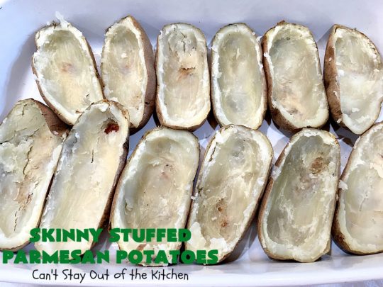 Skinny Stuffed Parmesan Potatoes | This easy #potato #recipe is a terrific way to enjoy #BakedPotatoes without all the calories. Only 150 calories per serving! Perfect #SideDish for #holidays like #FathersDay or special occasion meals with company. #ParmesanCheese #SkinnyStuffedParmesanPotatoes #GlutenFree
