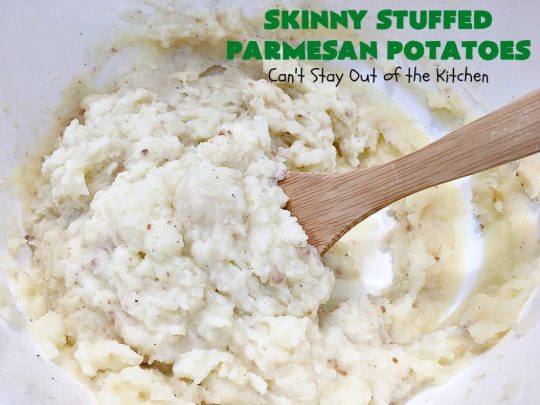 Skinny Stuffed Parmesan Potatoes | This easy #potato #recipe is a terrific way to enjoy #BakedPotatoes without all the calories. Only 150 calories per serving! Perfect #SideDish for #holidays like #FathersDay or special occasion meals with company. #ParmesanCheese #SkinnyStuffedParmesanPotatoes #GlutenFree