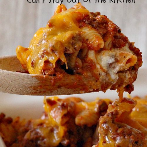 Sloppy Joe Pasta | Can't Stay Out of the Kitchen | this easy, 6-ingredient #recipe is kid-friendly & so delicious. It has a #TexMex flair with #SloppyJoeMix & an #Italian flair with #pasta. It uses both #CheddarCheese & #RicottaCheese. Amazing comfort food #casserole. #GroundBeef #SloppyJoes #SpaghettiSauce #SloppyJoePasta
