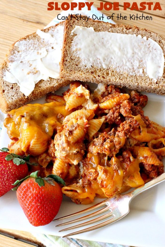 Sloppy Joe Pasta | Can't Stay Out of the Kitchen | this easy, 6-ingredient #recipe is kid-friendly & so delicious. It has a #TexMex flair with #SloppyJoeMix & an #Italian flair with #pasta. It uses both #CheddarCheese & #RicottaCheese. Amazing comfort food #casserole. #GroundBeef #SloppyJoes #SpaghettiSauce #SloppyJoePasta