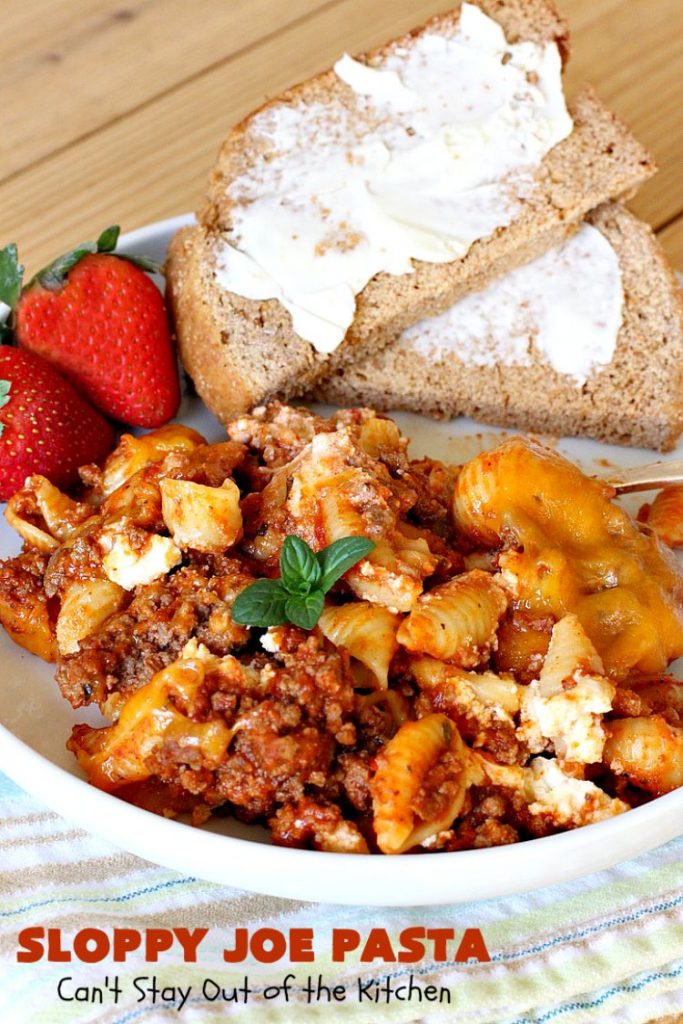 Sloppy Joe Pasta | Can't Stay Out of the Kitchen | this easy, 6-ingredient #recipe is kid-friendly & so delicious. It has a #TexMex flair with #SloppyJoeMix & an #Italian flair with #pasta. It uses both #CheddarCheese & #RicottaCheese. Amazing comfort food #casserole. #GroundBeef #SloppyJoes #SpaghettiSauce #SloppyJoePasta