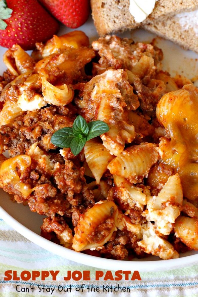 Sloppy Joe Pasta | Can't Stay Out of the Kitchen | this easy, 6-ingredient #recipe is kid-friendly & so delicious. It has a #TexMex flair with #SloppyJoeMix & an #Italian flair with #pasta. It uses both #CheddarCheese & #RicottaCheese. Amazing comfort food #casserole. #GroundBeef #SloppyJoes #SpaghettiSauce #SloppyJoePasta