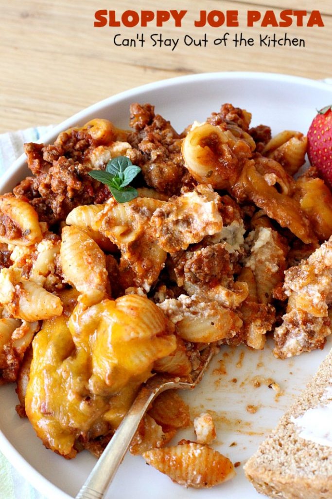 Sloppy Joe Pasta | Can't Stay Out of the Kitchen | this easy, 6-ingredient #recipe is kid-friendly & so delicious. It has a #TexMex flair with #SloppyJoeMix & an #Italian flair with #pasta. It uses both #CheddarCheese & #RicottaCheese. Amazing comfort food #casserole. #GroundBeef #SloppyJoes #SpaghettiSauce #SloppyJoePasta