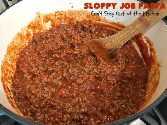 Sloppy Joe Pasta | Can't Stay Out of the Kitchen | this easy, 6-ingredient #recipe is kid-friendly & so delicious. It has a #TexMex flair with #SloppyJoeMix & an #Italian flair with #pasta. It uses both #CheddarCheese & #RicottaCheese. Amazing comfort food #casserole. #GroundBeef #SloppyJoes #SpaghettiSauce #SloppyJoePasta