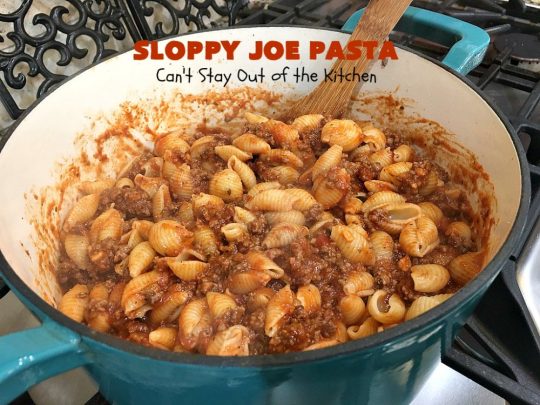 Sloppy Joe Pasta | Can't Stay Out of the Kitchen | this easy, 6-ingredient #recipe is kid-friendly & so delicious. It has a #TexMex flair with #SloppyJoeMix & an #Italian flair with #pasta. It uses both #CheddarCheese & #RicottaCheese. Amazing comfort food #casserole. #GroundBeef #SloppyJoes #SpaghettiSauce #SloppyJoePasta