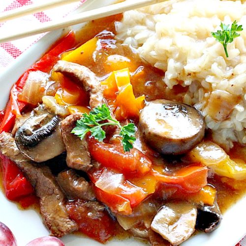 Slow Cooked Pepper Steak | Can't Stay Out of the Kitchen | No time for a difficult, time consuming meal? Try this great #beef entree that cooks in the #crockpot. #glutenfree #bellpeppers #mushrooms