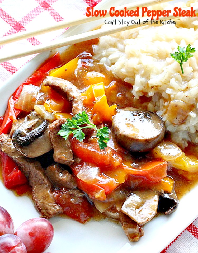 Slow Cooked Pepper Steak | Can't Stay Out of the Kitchen | No time for a difficult, time consuming meal? Try this great #beef entree that cooks in the #crockpot. #glutenfree #bellpeppers #mushrooms