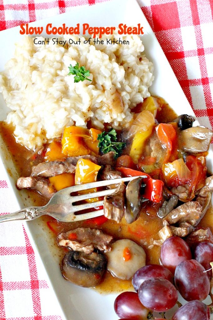 Slow Cooked Pepper Steak | Can't Stay Out of the Kitchen | No time for a difficult, time consuming meal? Try this great #beef entree that cooks in the #crockpot. #glutenfree #bellpeppers #mushrooms