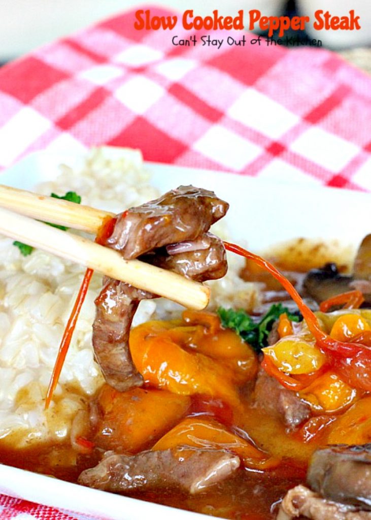 Slow Cooked Pepper Steak | Can't Stay Out of the Kitchen | No time for a difficult, time consuming meal? Try this great #beef entree that cooks in the #crockpot. #glutenfree #bellpeppers #mushrooms