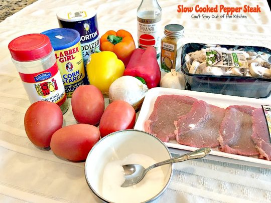 Slow Cooked Pepper Steak | Can't Stay Out of the Kitchen | No time for a difficult, time consuming meal? Try this great #beef entree that cooks in the #crockpot. #glutenfree #bellpeppers #mushrooms