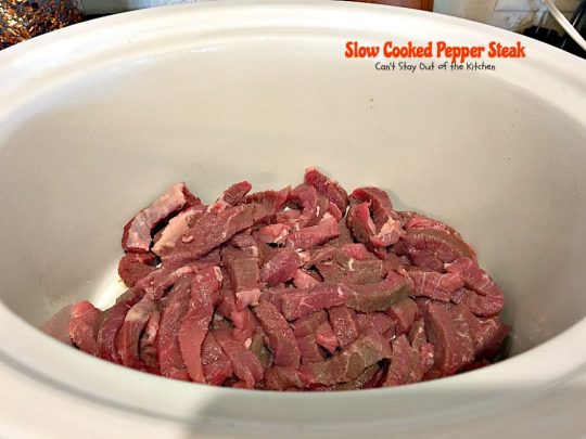 Slow Cooked Pepper Steak | Can't Stay Out of the Kitchen | No time for a difficult, time consuming meal? Try this great #beef entree that cooks in the #crockpot. #glutenfree #bellpeppers #mushrooms