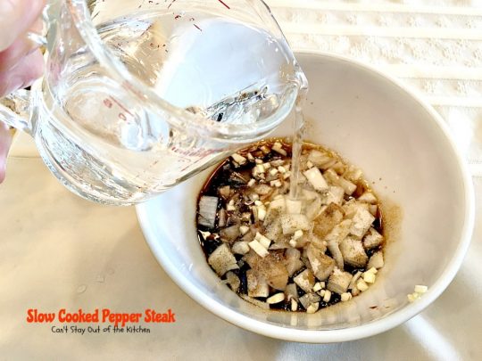 Slow Cooked Pepper Steak | Can't Stay Out of the Kitchen | No time for a difficult, time consuming meal? Try this great #beef entree that cooks in the #crockpot. #glutenfree #bellpeppers #mushrooms