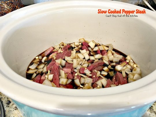 Slow Cooked Pepper Steak | Can't Stay Out of the Kitchen | No time for a difficult, time consuming meal? Try this great #beef entree that cooks in the #crockpot. #glutenfree #bellpeppers #mushrooms