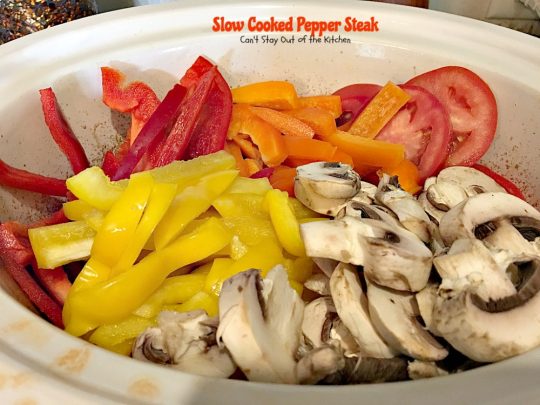 Slow Cooked Pepper Steak | Can't Stay Out of the Kitchen | No time for a difficult, time consuming meal? Try this great #beef entree that cooks in the #crockpot. #glutenfree #bellpeppers #mushrooms
