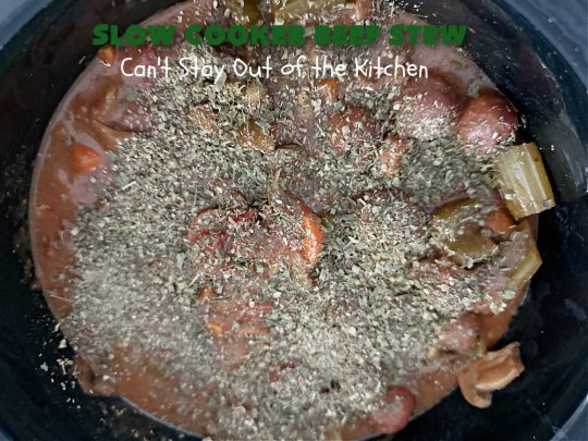Slow Cooker Beef Stew | Can't Stay Out of the Kitchen | #SlowCookerBeefStew is a great, lazy day entree for cool, fall nights. It's especially good served with #HomemadeRolls. Tossing all the ingredients into the #SlowCooker makes this recipe so much easier on days when you're short on time. #BeefStew #beef, #potatoes, #carrots, #tomatoes #recipe #EasyBeefStewRecipe