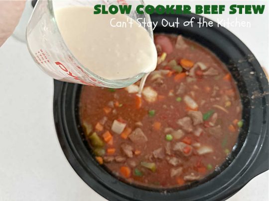 Slow Cooker Beef Stew | Can't Stay Out of the Kitchen | #SlowCookerBeefStew is a great, lazy day entree for cool, fall nights. It's especially good served with #HomemadeRolls. Tossing all the ingredients into the #SlowCooker makes this recipe so much easier on days when you're short on time. #BeefStew #beef, #potatoes, #carrots, #tomatoes #recipe #EasyBeefStewRecipe