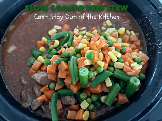 Slow Cooker Beef Stew | Can't Stay Out of the Kitchen | #SlowCookerBeefStew is a great, lazy day entree for cool, fall nights. It's especially good served with #HomemadeRolls. Tossing all the ingredients into the #SlowCooker makes this recipe so much easier on days when you're short on time. #BeefStew #beef, #potatoes, #carrots, #tomatoes #recipe #EasyBeefStewRecipe
