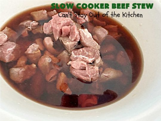 Slow Cooker Beef Stew | Can't Stay Out of the Kitchen | #SlowCookerBeefStew is a great, lazy day entree for cool, fall nights. It's especially good served with #HomemadeRolls. Tossing all the ingredients into the #SlowCooker makes this recipe so much easier on days when you're short on time. #BeefStew #beef, #potatoes, #carrots, #tomatoes #recipe #EasyBeefStewRecipe