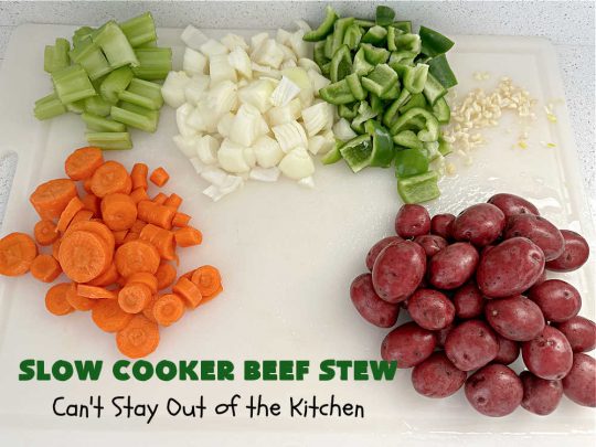 Slow Cooker Beef Stew | Can't Stay Out of the Kitchen | #SlowCookerBeefStew is a great, lazy day entree for cool, fall nights. It's especially good served with #HomemadeRolls. Tossing all the ingredients into the #SlowCooker makes this recipe so much easier on days when you're short on time. #BeefStew #beef, #potatoes, #carrots, #tomatoes #recipe #EasyBeefStewRecipe