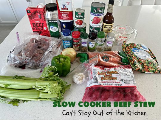 Slow Cooker Beef Stew | Can't Stay Out of the Kitchen | #SlowCookerBeefStew is a great, lazy day entree for cool, fall nights. It's especially good served with #HomemadeRolls. Tossing all the ingredients into the #SlowCooker makes this recipe so much easier on days when you're short on time. #BeefStew #beef, #potatoes, #carrots, #tomatoes #recipe #EasyBeefStewRecipe