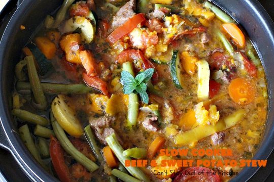 Slow Cooker Beef and Sweet Potato Stew | Can't Stay Out of the Kitchen | this delicious #stew is chocked full of fresh #veggies. Because everything is tossed into the #SlowCooker, it makes for a really easy weeknight meal. Tasty, savory & delicious comfort food for cold, winter nights. #Healthy #CleanEating #LowCalorie #GlutenFree #beef #tomatoes #zucchini #StewBeef #Crockpot #soup #GreenBeans #YellowSquash #SweetPotatoes #SlowCookerBeefAndSweetPotatoStew