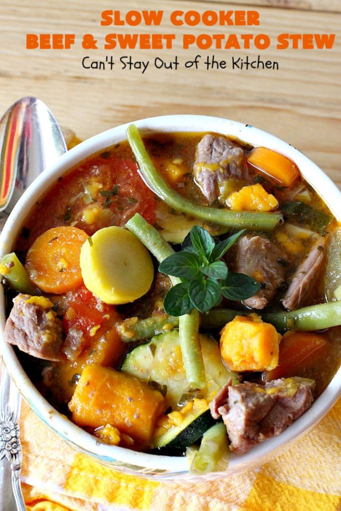 Slow Cooker Beef and Sweet Potato Stew | Can't Stay Out of the Kitchen | this delicious #stew is chocked full of fresh #veggies. Because everything is tossed into the #SlowCooker, it makes for a really easy weeknight meal. Tasty, savory & delicious comfort food for cold, winter nights. #Healthy #CleanEating #LowCalorie #GlutenFree #beef #tomatoes #zucchini #StewBeef #Crockpot #soup #GreenBeans #YellowSquash #SweetPotatoes #SlowCookerBeefAndSweetPotatoStew