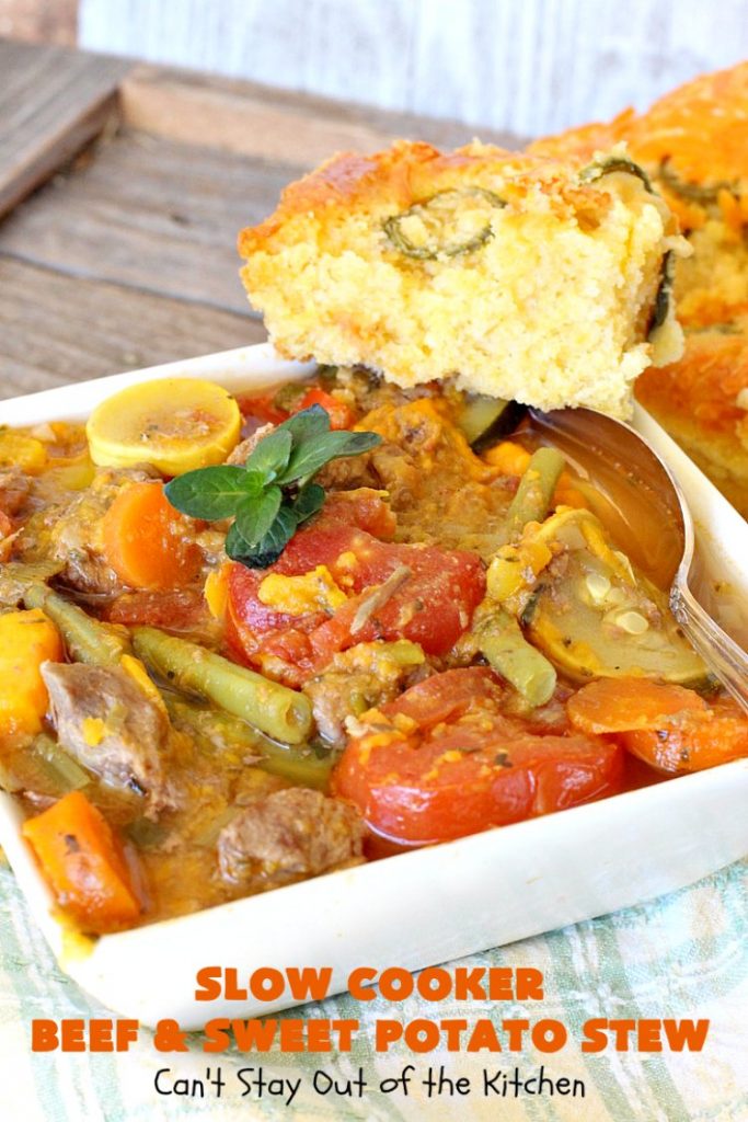 Slow Cooker Beef and Sweet Potato Stew | Can't Stay Out of the Kitchen | this delicious #stew is chocked full of fresh #veggies. Because everything is tossed into the #SlowCooker, it makes for a really easy weeknight meal. Tasty, savory & delicious comfort food for cold, winter nights. #Healthy #CleanEating #LowCalorie #GlutenFree #beef #tomatoes #zucchini #StewBeef #Crockpot #soup #GreenBeans #YellowSquash #SweetPotatoes #SlowCookerBeefAndSweetPotatoStew