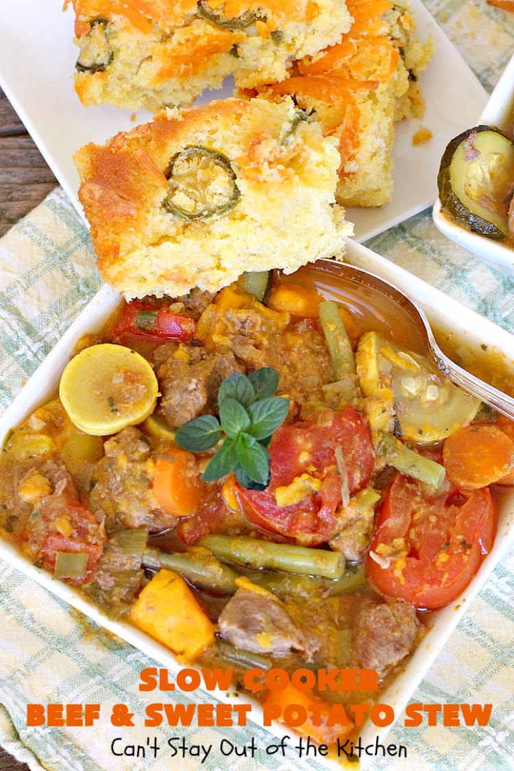 Slow Cooker Beef and Sweet Potato Stew | Can't Stay Out of the Kitchen | this delicious #stew is chocked full of fresh #veggies. Because everything is tossed into the #SlowCooker, it makes for a really easy weeknight meal. Tasty, savory & delicious comfort food for cold, winter nights. #Healthy #CleanEating #LowCalorie #GlutenFree #beef #tomatoes #zucchini #StewBeef #Crockpot #soup #GreenBeans #YellowSquash #SweetPotatoes #SlowCookerBeefAndSweetPotatoStew