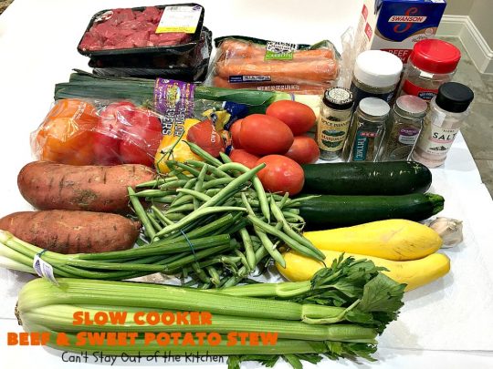Slow Cooker Beef and Sweet Potato Stew | Can't Stay Out of the Kitchen | this delicious #stew is chocked full of fresh #veggies. Because everything is tossed into the #SlowCooker, it makes for a really easy weeknight meal. Tasty, savory & delicious comfort food for cold, winter nights. #Healthy #CleanEating #LowCalorie #GlutenFree #beef #tomatoes #zucchini #StewBeef #Crockpot #soup #GreenBeans #YellowSquash #SweetPotatoes #SlowCookerBeefAndSweetPotatoStew